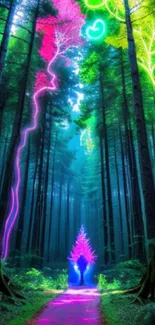 Vibrant neon lights in a mystical forest scene for mobile wallpaper.