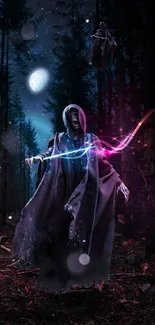 Mystical robed figure in a neon-lit forest at night.