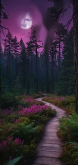 Mystical forest path under moonlit purple sky.