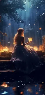 Enchanting night scene with girl in forest, glowing light, and magical ambiance.