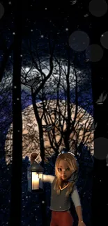 Child holding lantern in mystical forest at night.