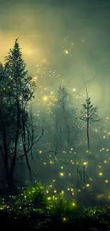 Mystical forest at night with glowing lights creating a serene atmosphere.