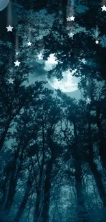 Mystical forest under moonlit sky with stars.