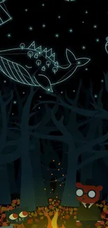 Whimsical night sky wallpaper with animal constellations in a dark forest.