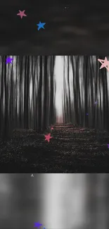 Enchanting mystical forest with colorful stars against a night sky.