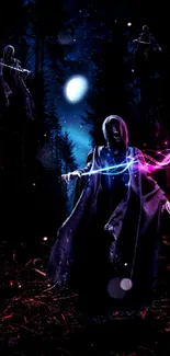 Mystical hooded figure in dark forest with glowing elements.