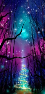 Mystical forest with glowing Christmas tree under starry night sky.