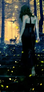 Woman in forest with glowing lights and deer at dusk, enchanting wallpaper.