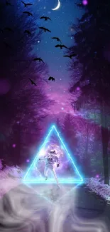 Astronaut illuminated by a neon triangle in a mystical forest at night.