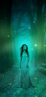 Mystical forest scene with glowing fireflies and serene figure in teal hues.