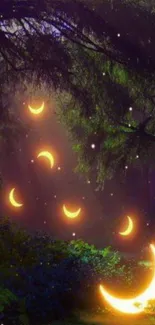 Glowing crescent moons in a mystical forest setting with magical ambiance.