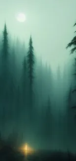 Mystical forest at night with moonlit fog and tall pine trees.