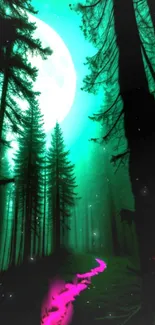 Mystical forest night scene with glowing path and full moon.