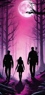 Silhouetted figures in a purple forest under a full moon.