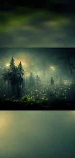 A mystical forest at night with glowing fireflies, creating an enchanting scene.