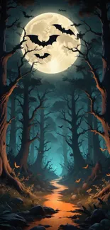 Mystical forest with full moon and bats in night setting.