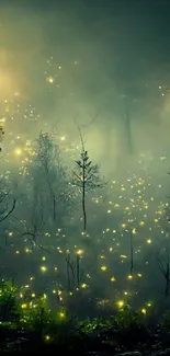 Mystical forest nightscape with glowing fireflies.