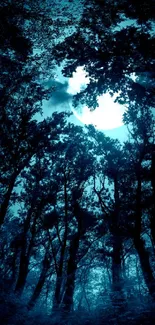 Enchanting night forest under a blue moonlit sky.