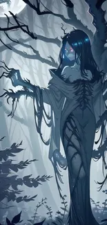 Eerie figure in a mystical moonlit forest.