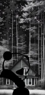 Mystical night forest with house silhouette and artistic elements.