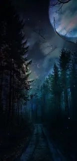 Mystical forest under starry night sky, perfect for mobile wallpaper.