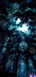 Mystical forest wallpaper with moonlit treetops and dark blue night sky.