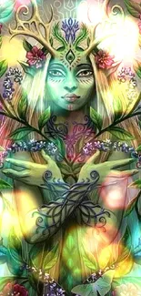 Mystical forest nymph with vibrant flowers and greenery.