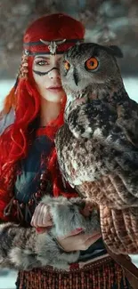 Red-haired enchantress with owl in snowy forest on mobile wallpaper.