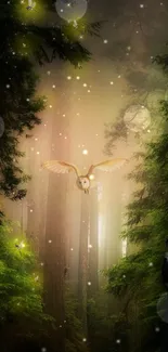 Owl flying through a mystical forest with glowing lights.