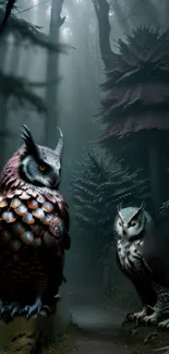 Owl in a mystical forest with dark green tones, perfect for mobile wallpaper.