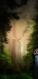 Mystical forest with owl and hooded figure, glowing lantern in hand.