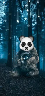 Fantasy forest with panda-headed creature in enchanting, dark teal ambiance.