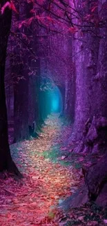 Vibrant purple forest path with ethereal lighting.