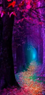 Mystical forest path with vibrant purple hues and colorful leaves.