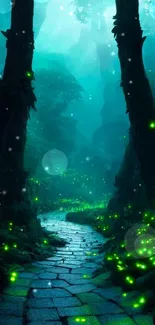 Mystical forest path with glowing fireflies.