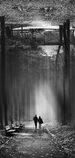 Mysterious black and white forest path with silhouettes.