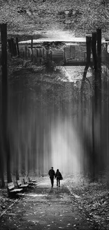 Black and white mystical forest path wallpaper with silhouetted figures.