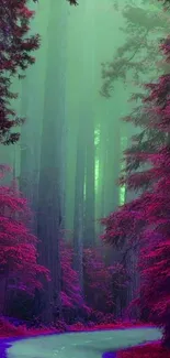 Mystical forest path wallpaper with magenta and green hues.