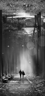 A monochrome mystical forest path with a surreal and dreamy atmosphere.