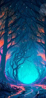 Mystical forest path with neon hues in a fantasy setting.