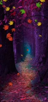 Mystical forest path under vibrant purple leaves and a glowing path.