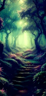 Mystical forest path with lush greenery and vibrant colors.