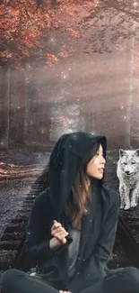 Woman and wolf in mystical forest wallpaper with dramatic lighting.