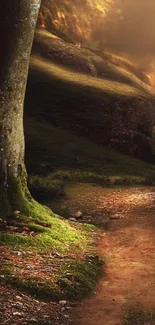 Mystical forest path with sunlight filtering through trees.