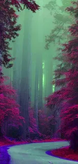 Mystical pathway through vibrant pink forest with green hues.