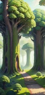 Mystical forest pathway art with towering trees and sunlight.