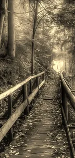 Sepia-toned forest pathway with wooden railing.