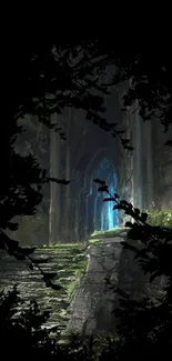 Mystical forest path with stone steps and glowing blue arch.