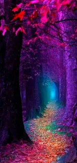 Enchanting forest path with vivid purple and red colors