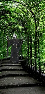 Shadowy figure on lush forest pathway wallpaper.